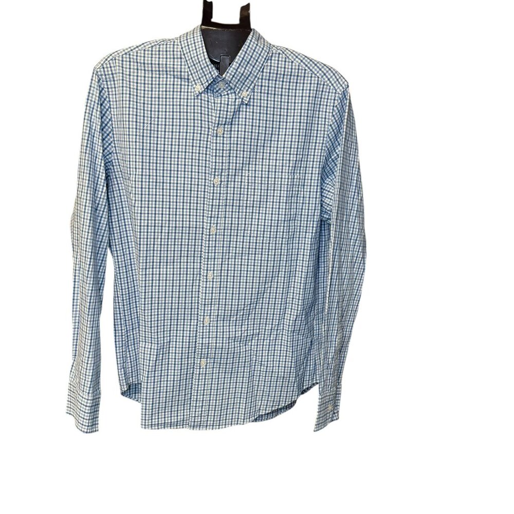 J Crew Mens Blue Plaid Button Up Long Sleeve Flex Wrinkle Free Shirt - Sz Med
